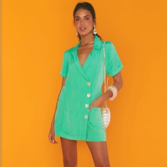 SHOW ME YOUR MUMU BICOASTAL BLAZER ROMPER IN Seafoam Linen Size XS - Picture 1 of 13